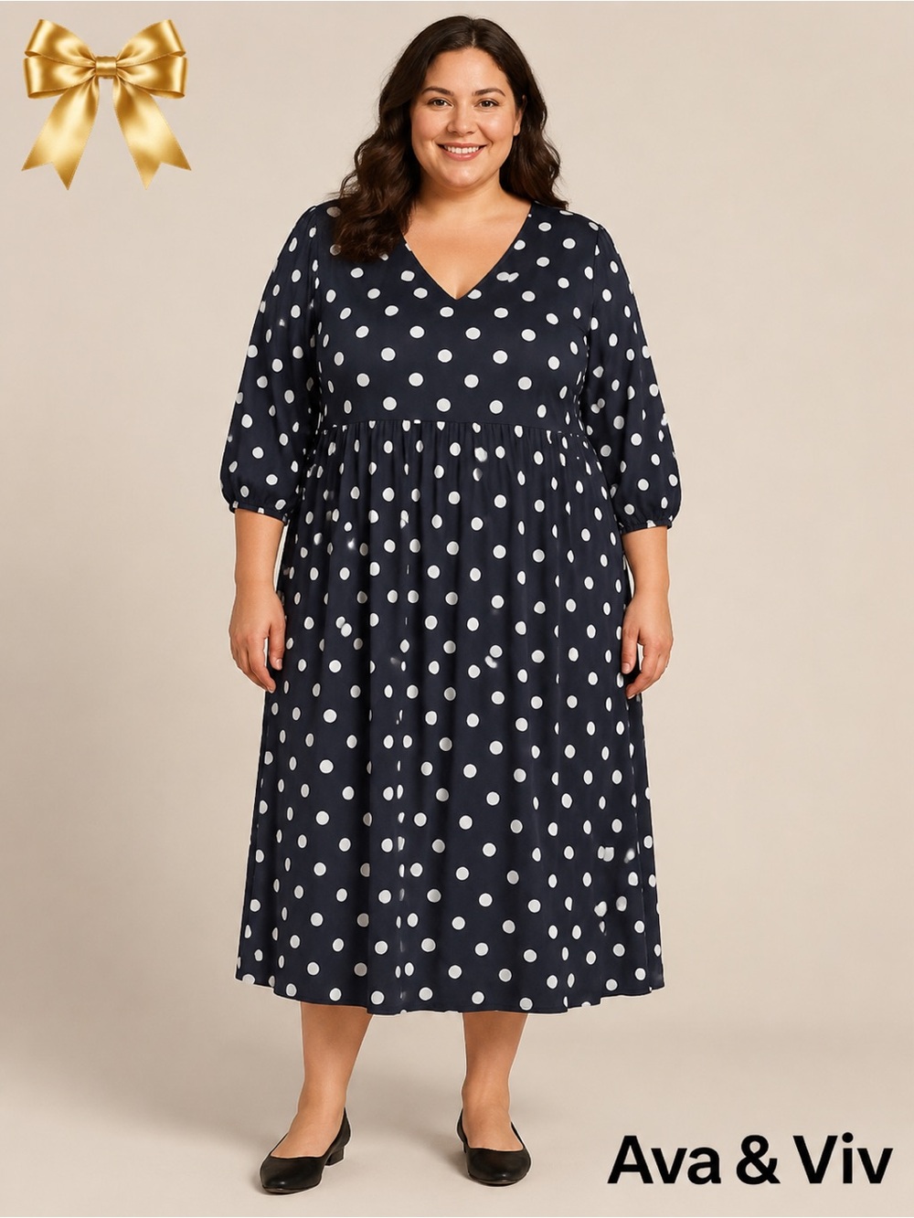 Ava & Viv Polka Dot V-Neck Midi Dress XXL